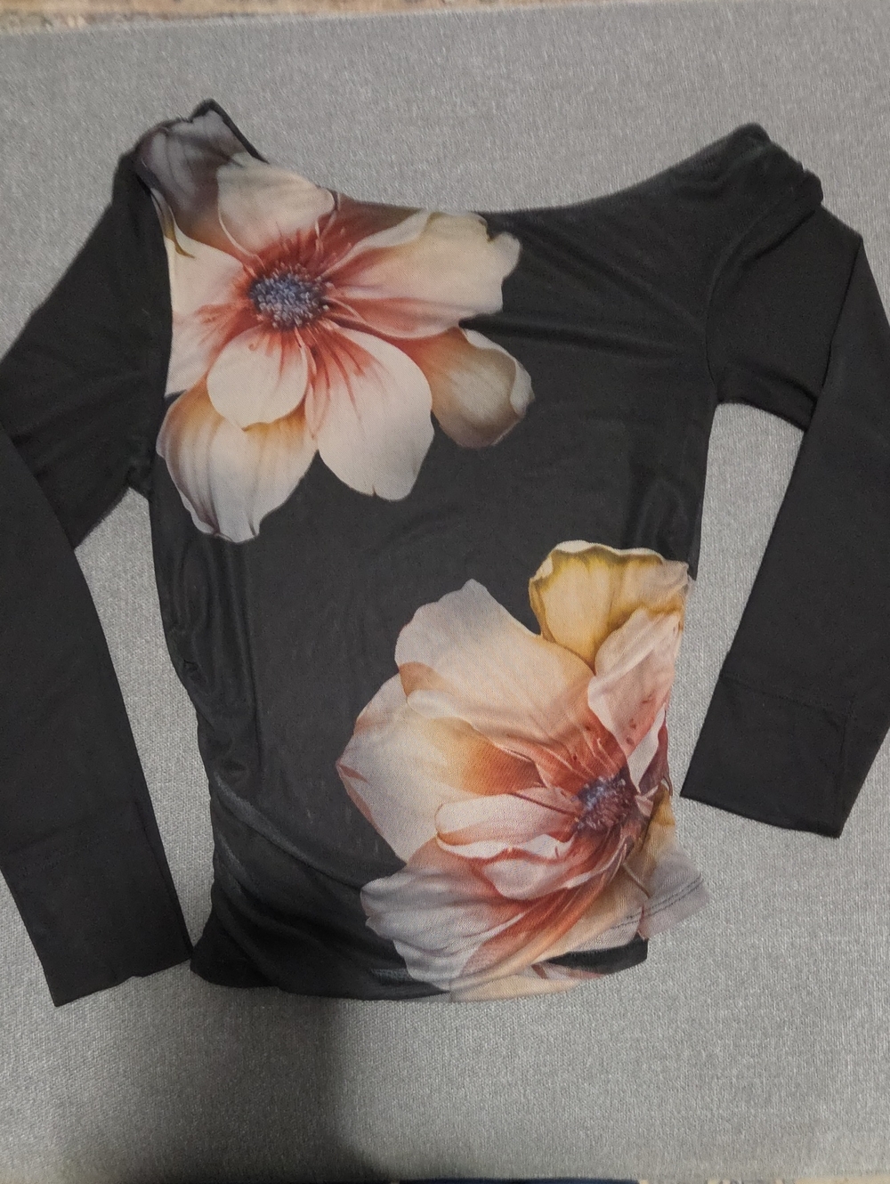 Madden Girl Black Long Sleeve Sheer Top with Cream and Peach Floral Print